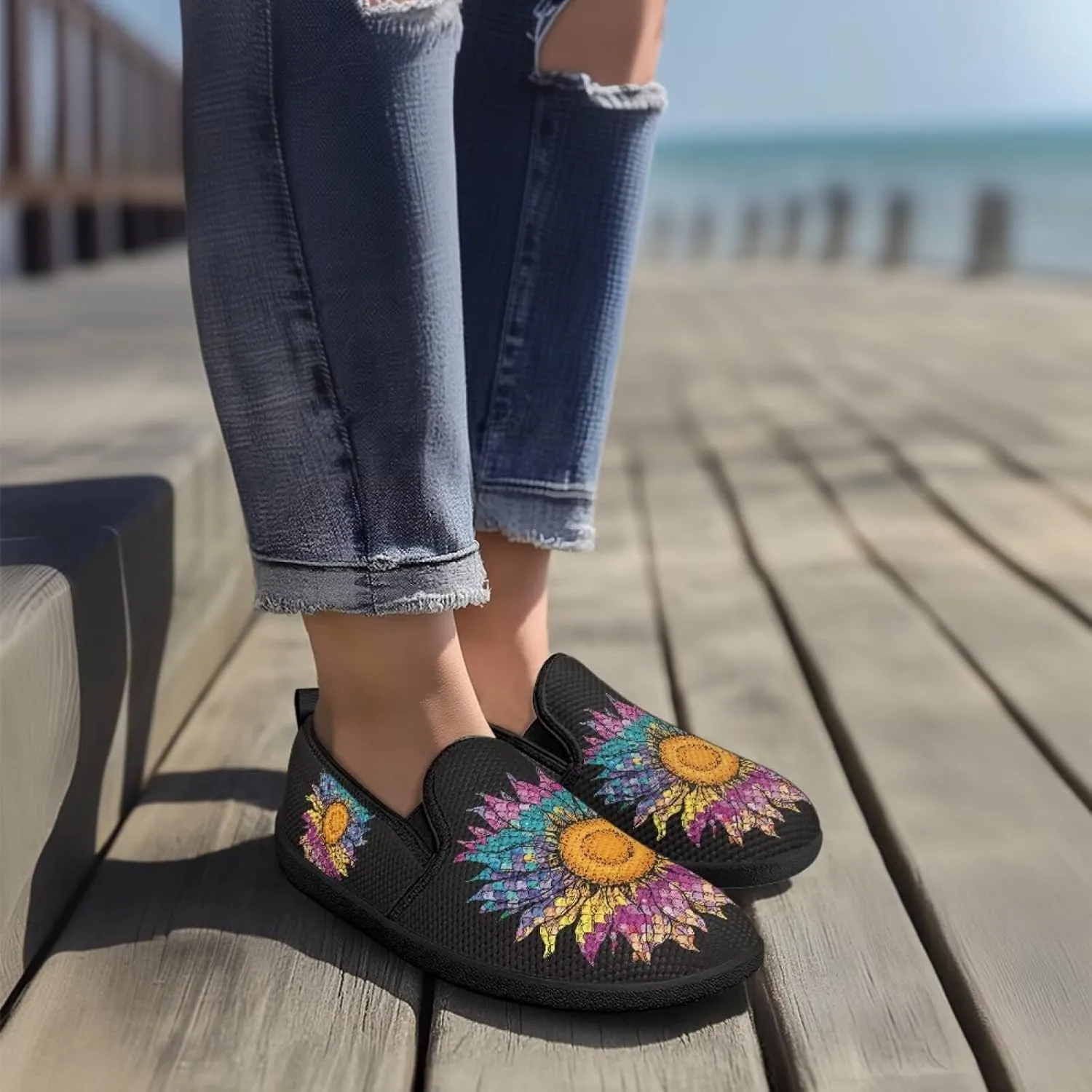 Flower Painted Walking Shoes for Women Fashion Casual Sneakers Slip On Hand Free Flats Comfy Stretch Mesh Breathable Size 5.5-10.5
