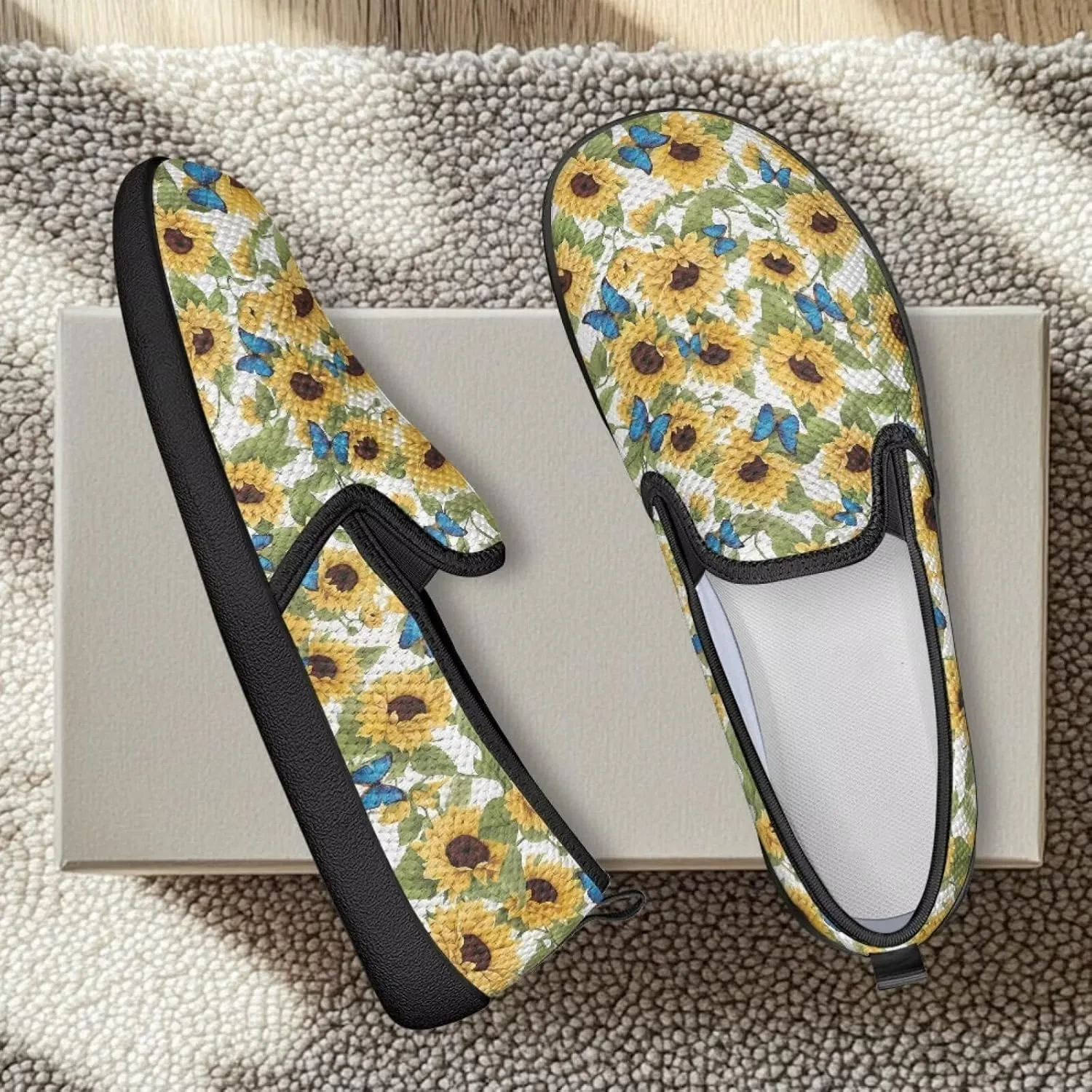 Flower Painted Walking Shoes for Women Fashion Casual Sneakers Slip On Hand Free Flats Comfy Stretch Mesh Breathable Size 5.5-10.5