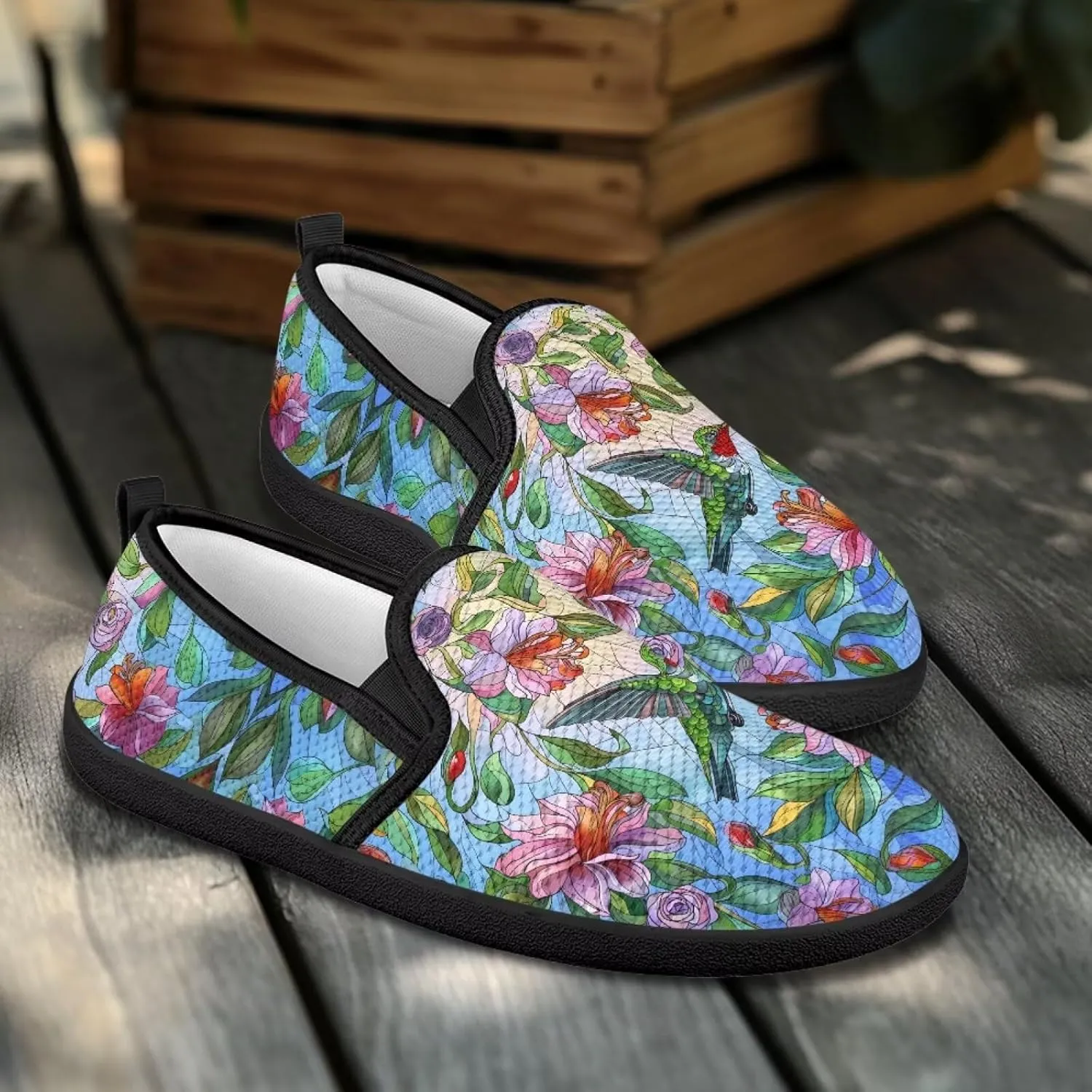 Flower Painted Walking Shoes for Women Fashion Casual Sneakers Slip On Hand Free Flats Comfy Stretch Mesh Breathable Size 5.5-10.5
