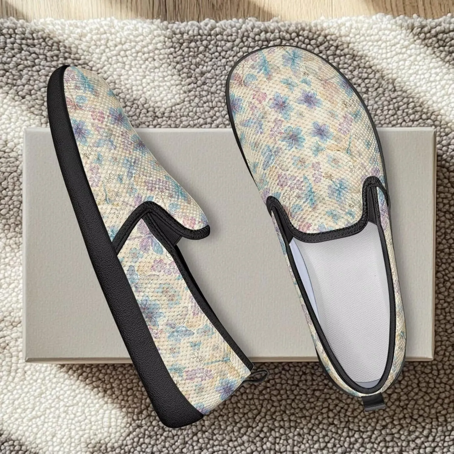 Flower Painted Walking Shoes for Women Fashion Casual Sneakers Slip On Hand Free Flats Comfy Stretch Mesh Breathable Size 5.5-10.5