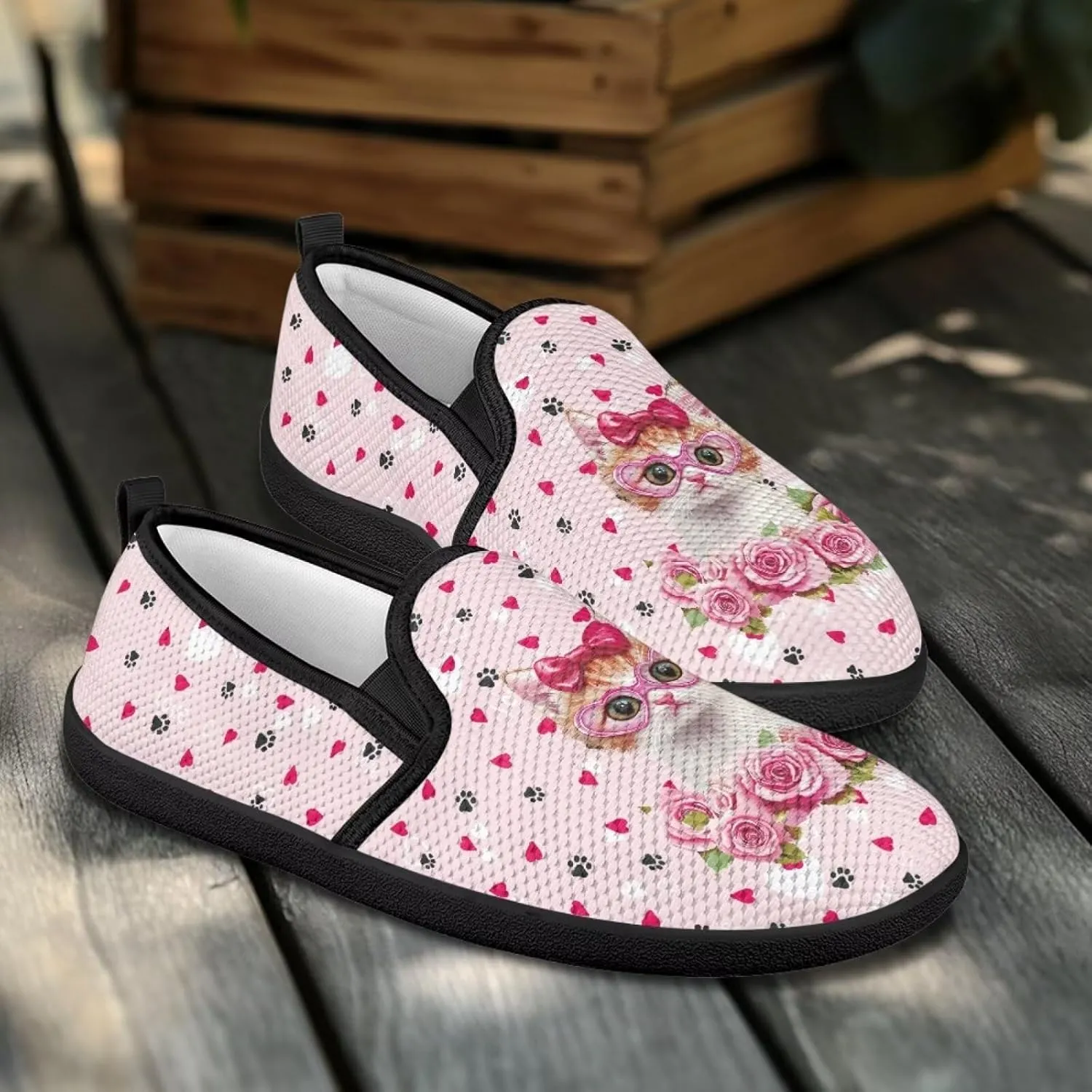 Flower Painted Walking Shoes for Women Fashion Casual Sneakers Slip On Hand Free Flats Comfy Stretch Mesh Breathable Size 5.5-10.5