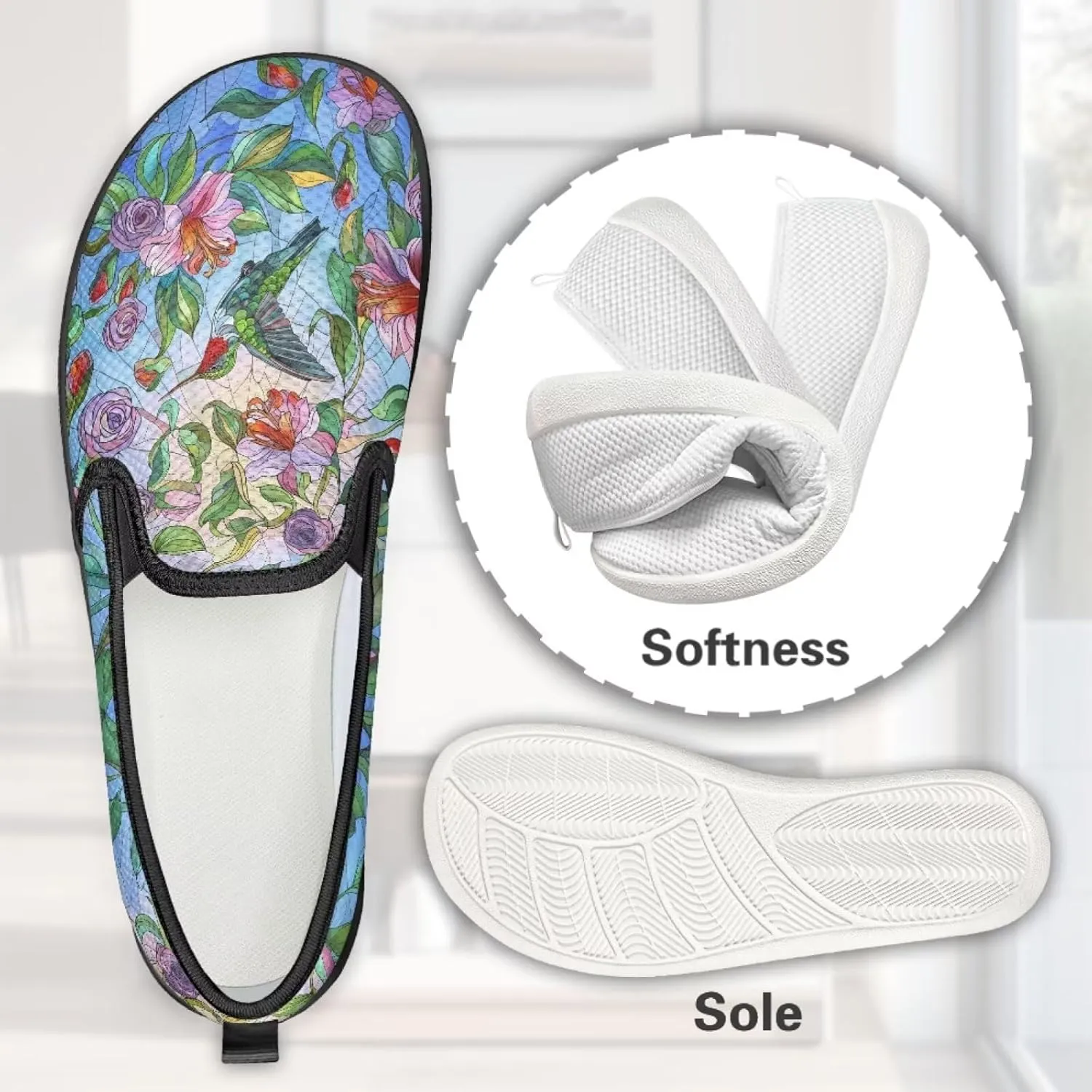 Flower Painted Walking Shoes for Women Fashion Casual Sneakers Slip On Hand Free Flats Comfy Stretch Mesh Breathable Size 5.5-10.5