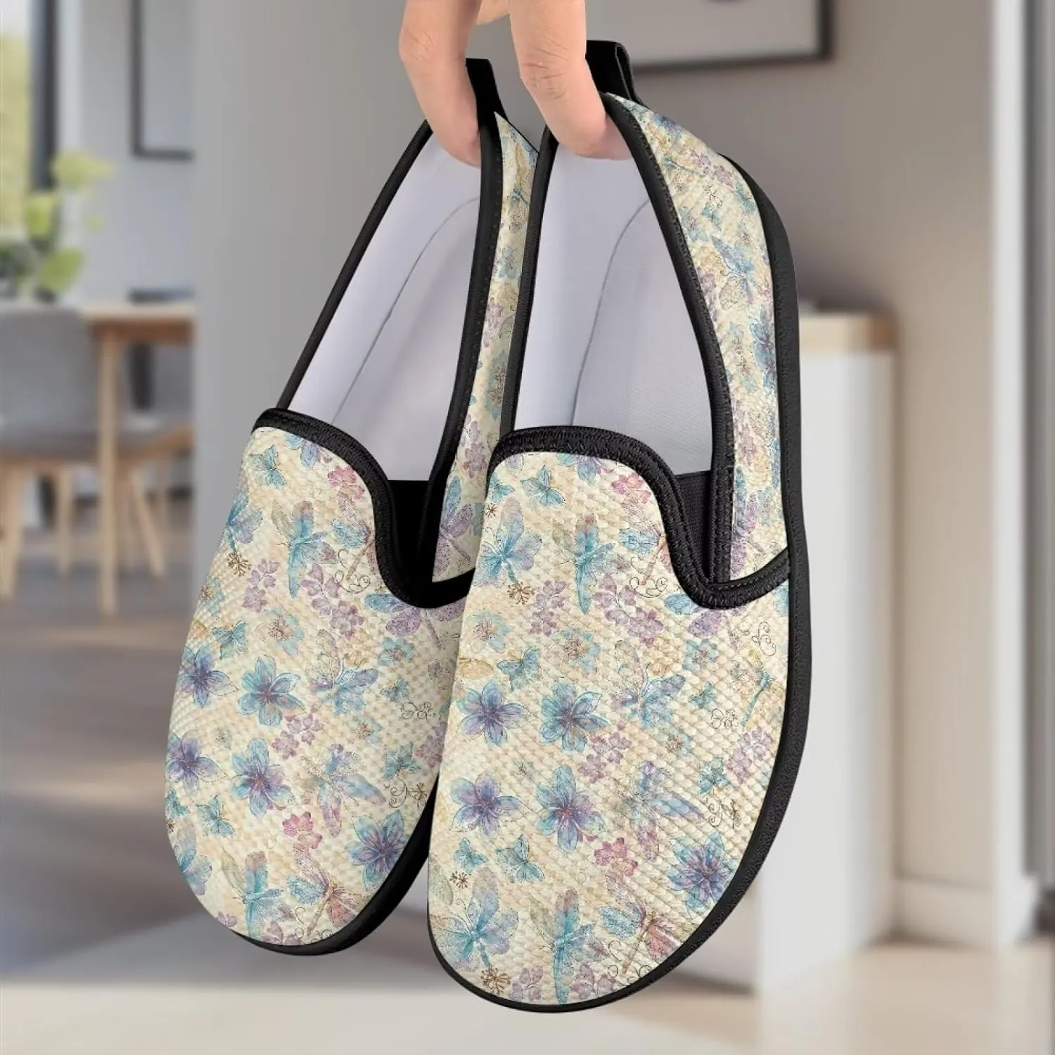 Flower Painted Walking Shoes for Women Fashion Casual Sneakers Slip On Hand Free Flats Comfy Stretch Mesh Breathable Size 5.5-10.5