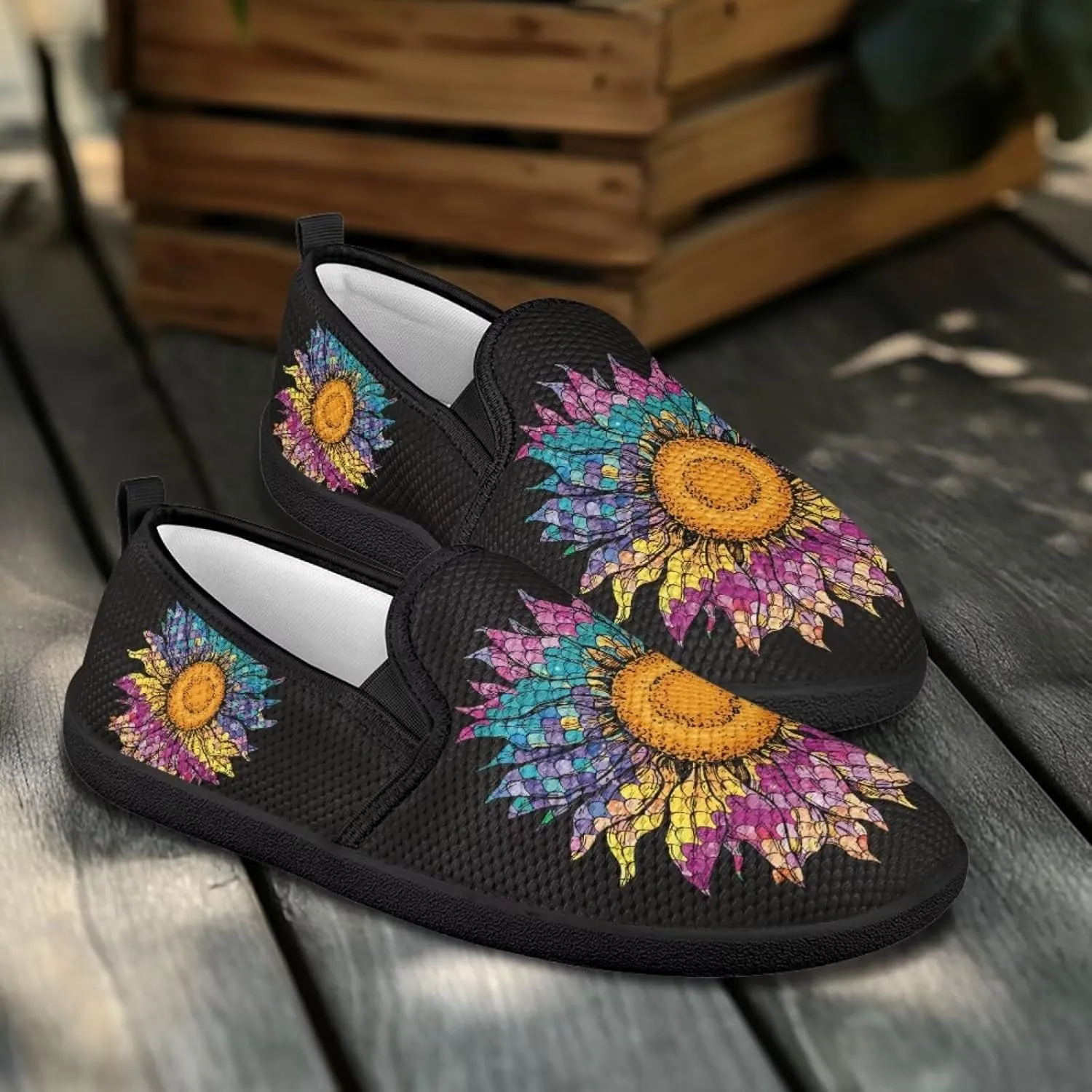 Flower Painted Walking Shoes for Women Fashion Casual Sneakers Slip On Hand Free Flats Comfy Stretch Mesh Breathable Size 5.5-10.5