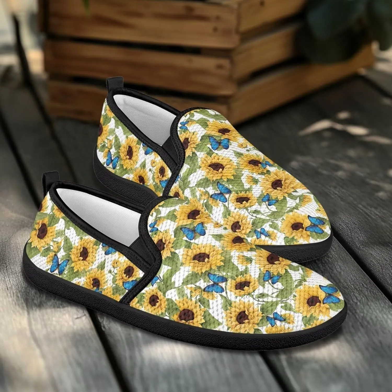 Flower Painted Walking Shoes for Women Fashion Casual Sneakers Slip On Hand Free Flats Comfy Stretch Mesh Breathable Size 5.5-10.5