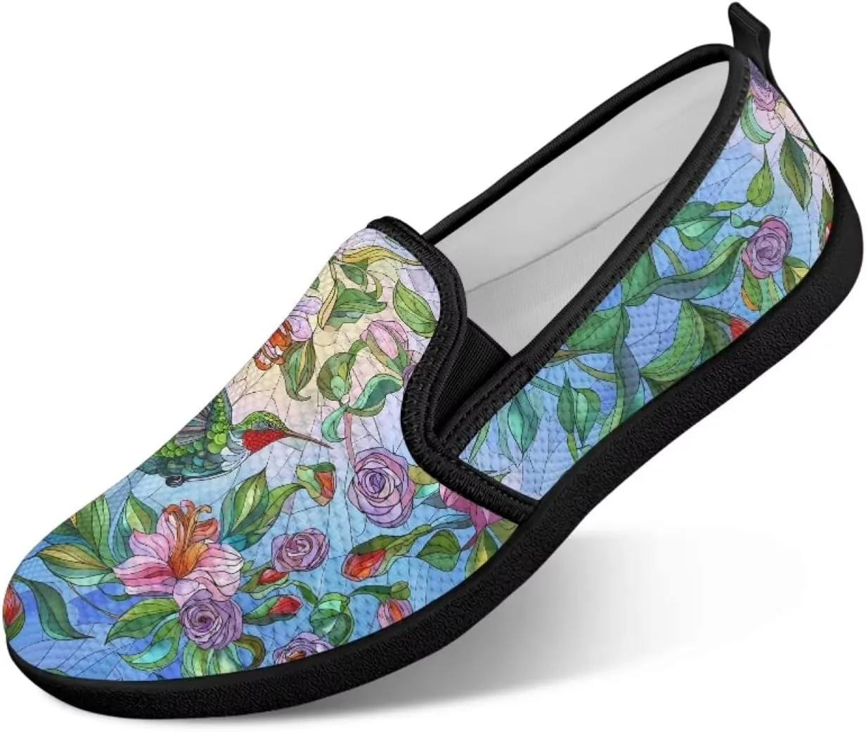 Flower Painted Walking Shoes for Women Fashion Casual Sneakers Slip On Hand Free Flats Comfy Stretch Mesh Breathable Size 5.5-10.5