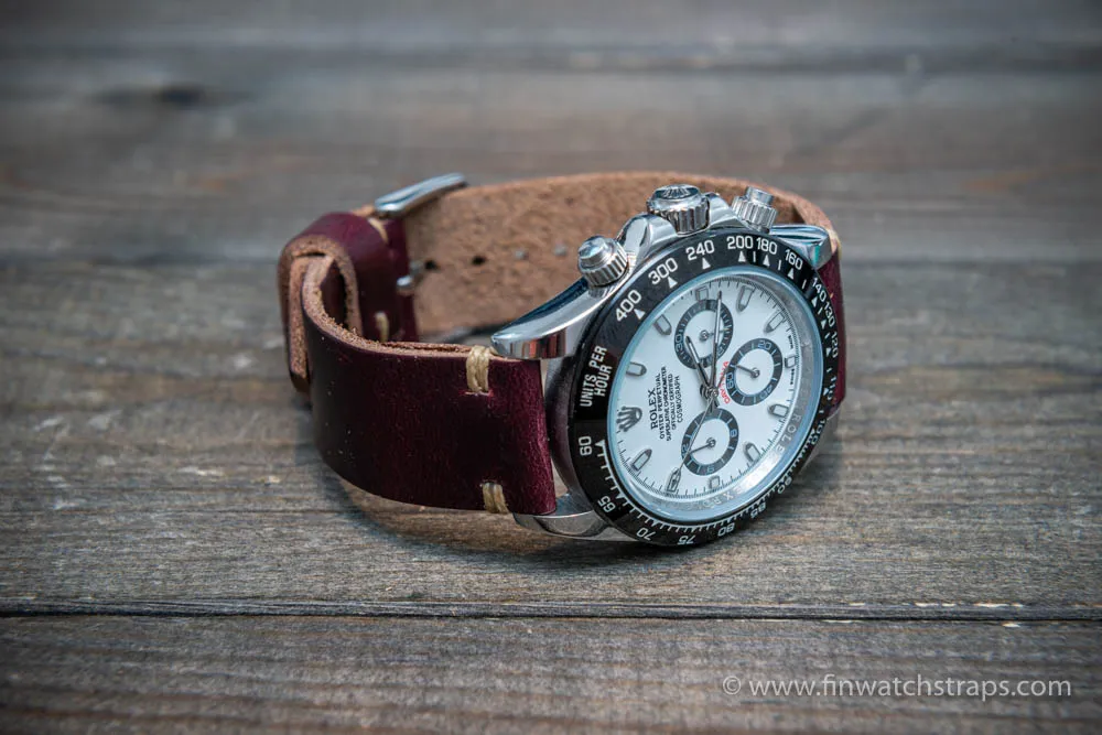 Leather watch strap, Horween Burgundy Chromexcel.  Handmade in Finland. 16-26 mm.