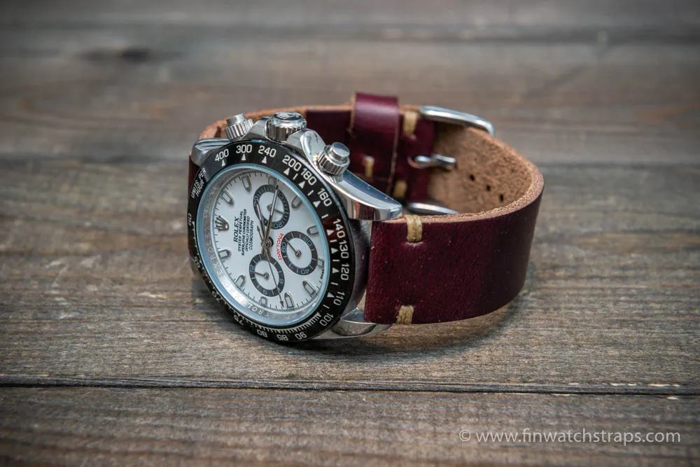 Leather watch strap, Horween Burgundy Chromexcel.  Handmade in Finland. 16-26 mm.