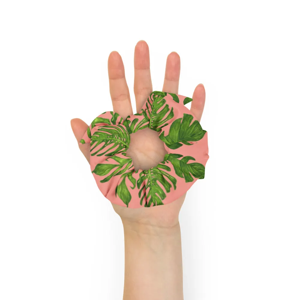 Light Pink Tropical Scrunchie, Hawaiian Style Tropical Leaves Print Hair Tie Accessories - Made in  USA/EU