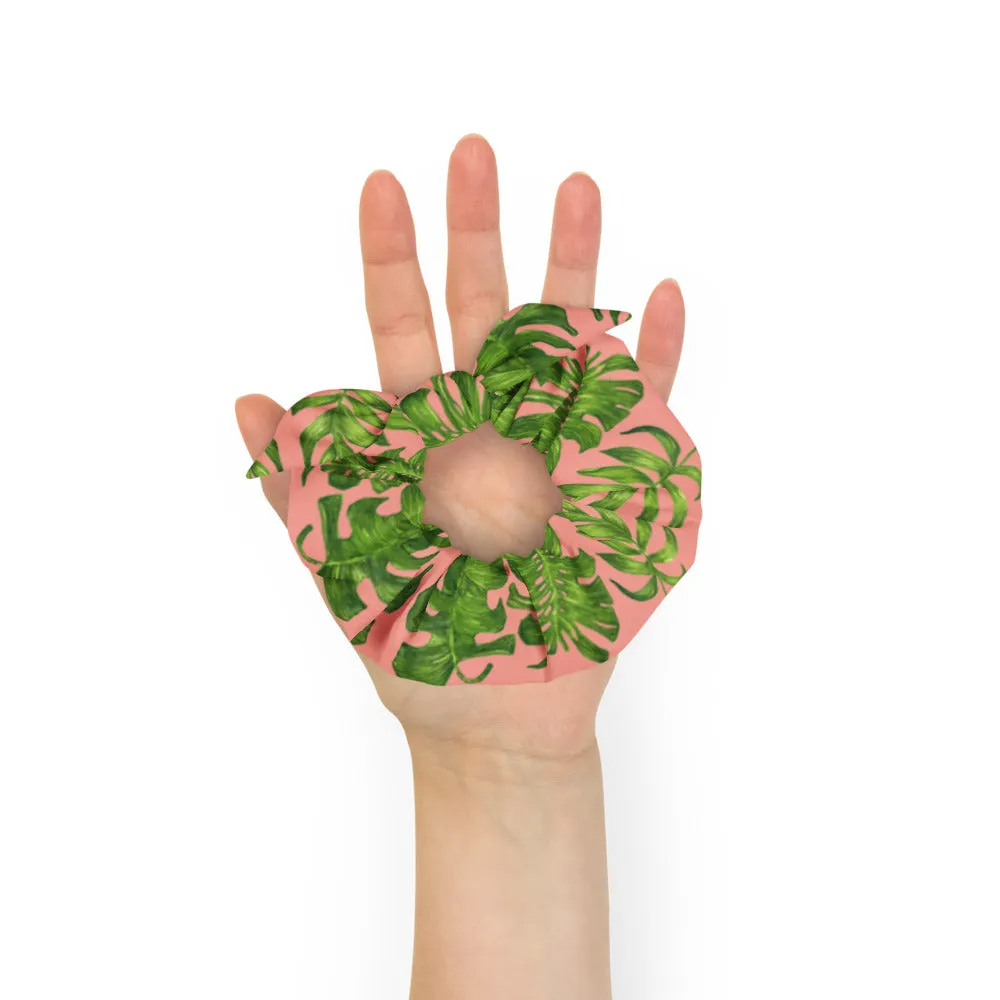 Light Pink Tropical Scrunchie, Hawaiian Style Tropical Leaves Print Hair Tie Accessories - Made in  USA/EU