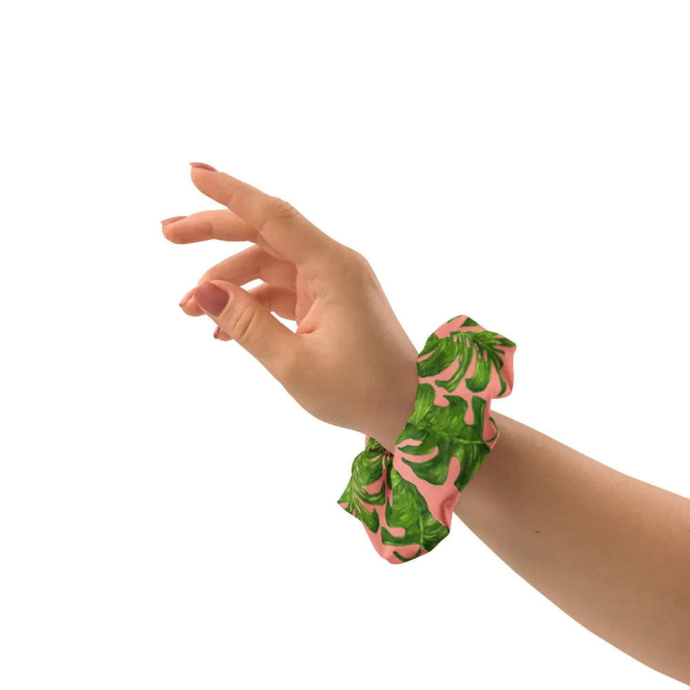 Light Pink Tropical Scrunchie, Hawaiian Style Tropical Leaves Print Hair Tie Accessories - Made in  USA/EU