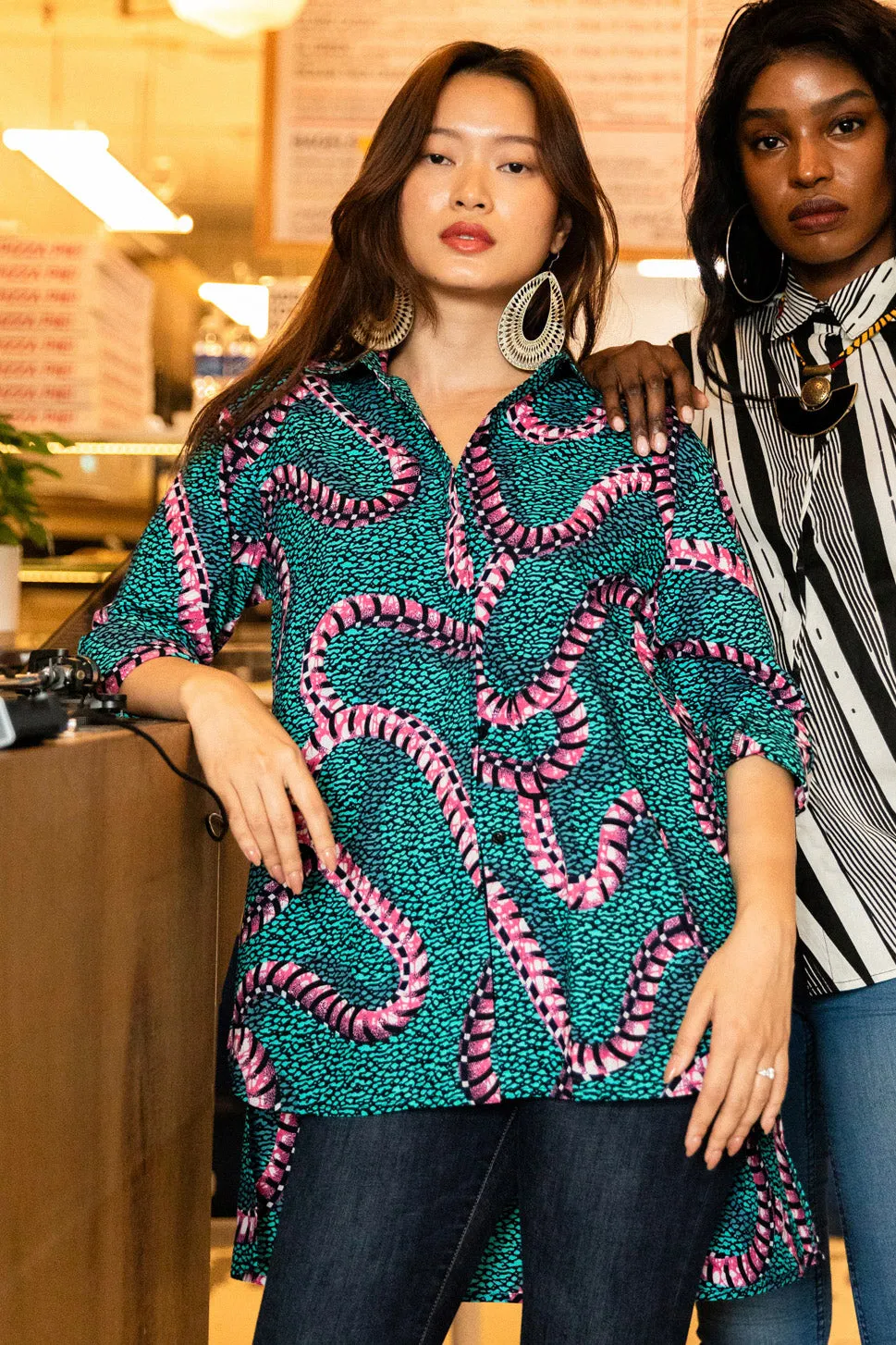Makini Oversized Shirt - Turquoise and Pink African Ankara Wax Cotton Print