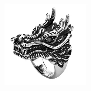 Men's Darkened Silver Fierce Dragon Ring