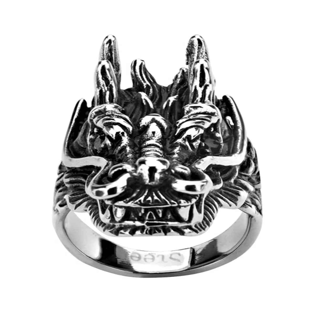 Men's Darkened Silver Fierce Dragon Ring