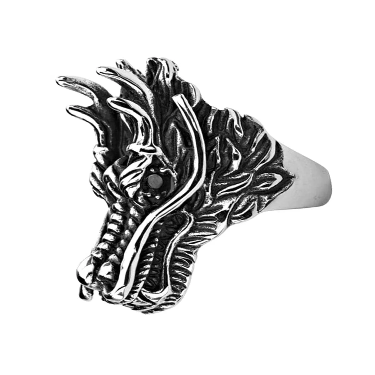 Men's Darkened Silver Fierce Dragon Ring