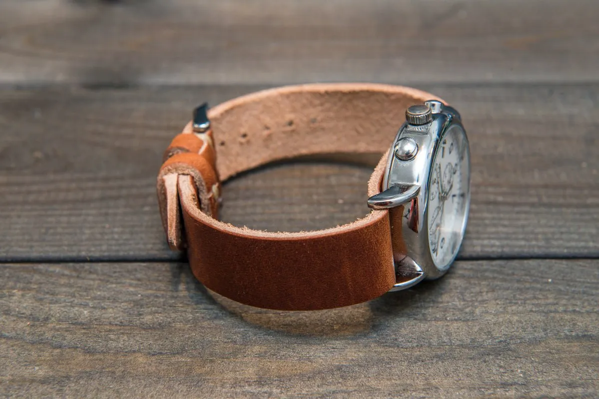 One-piece military watch band, Horween Dublin Cognac leather watch strap