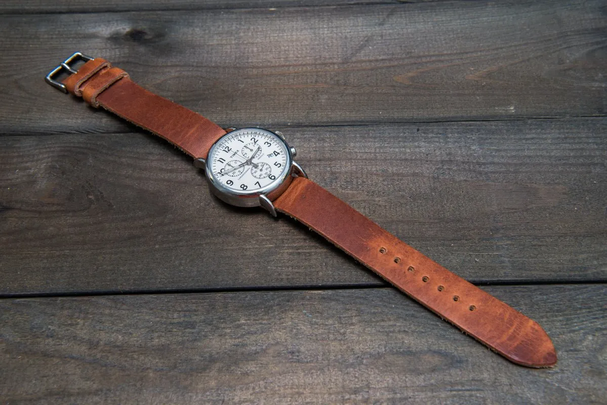 One-piece military watch band, Horween Dublin Cognac leather watch strap