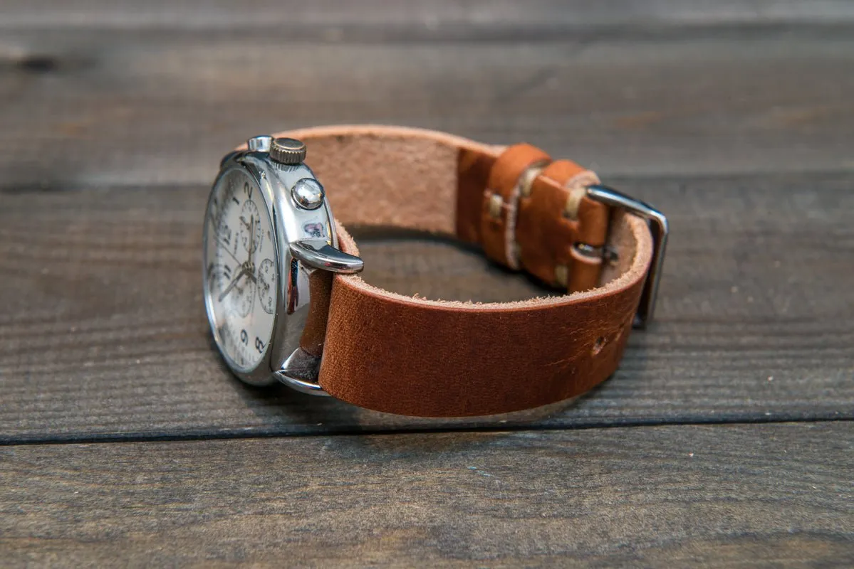 One-piece military watch band, Horween Dublin Cognac leather watch strap