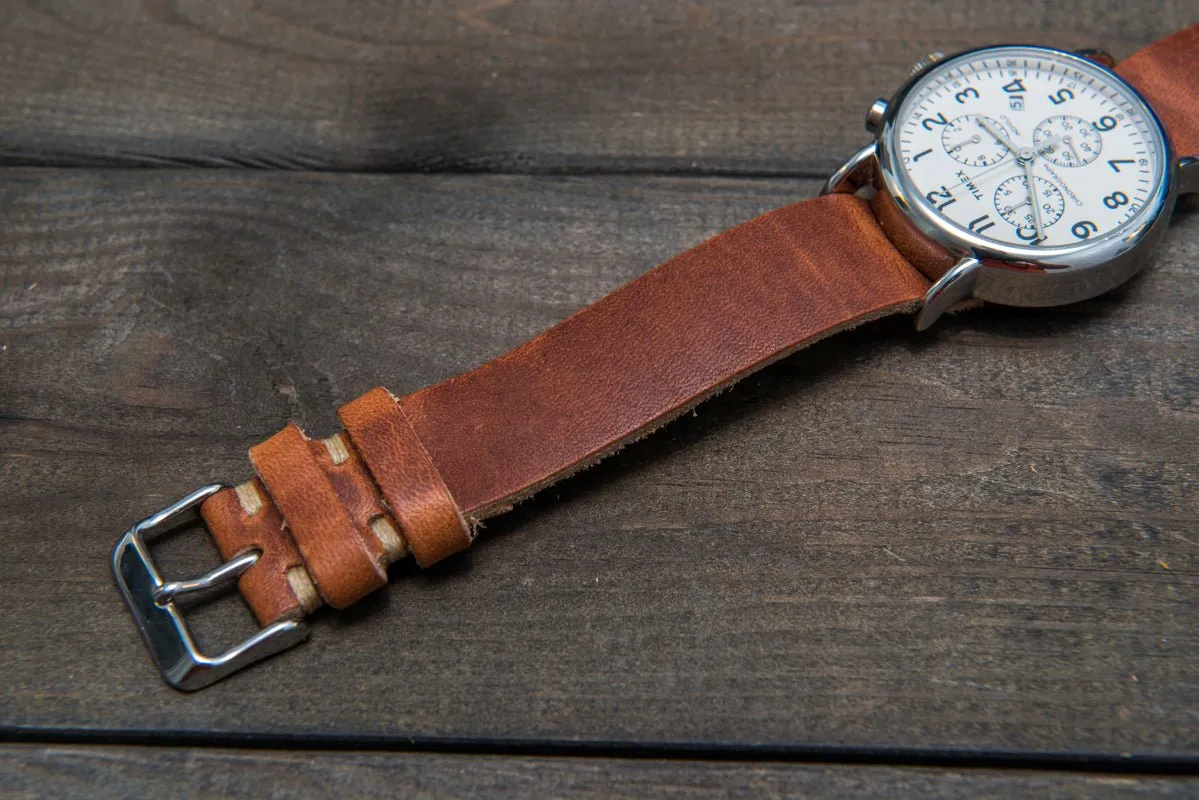 One-piece military watch band, Horween Dublin Cognac leather watch strap