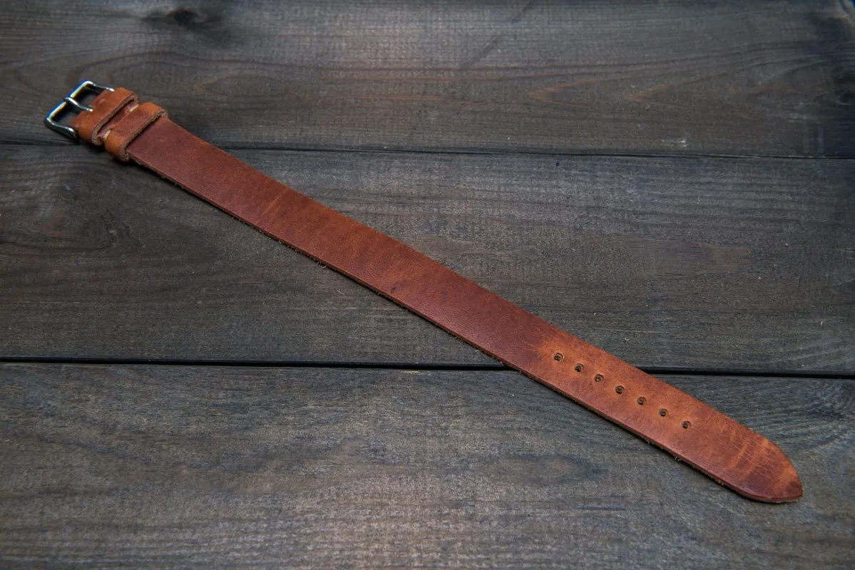 One-piece military watch band, Horween Dublin Cognac leather watch strap