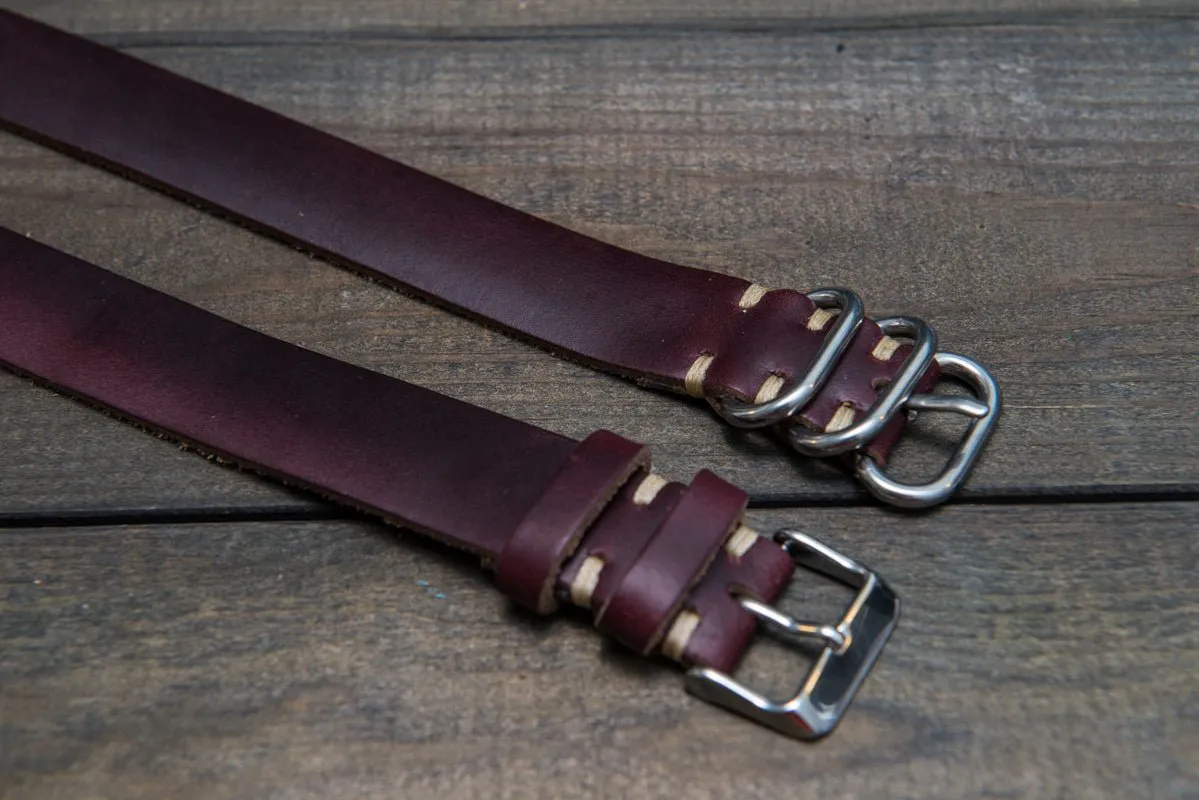 One-piece watch band, Horween Burgundy/ Chromexcel no 8. leather watch strap