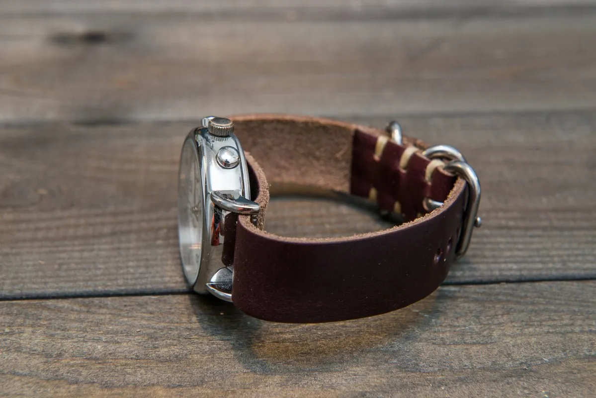 One-piece watch band, Horween Burgundy/ Chromexcel no 8. leather watch strap