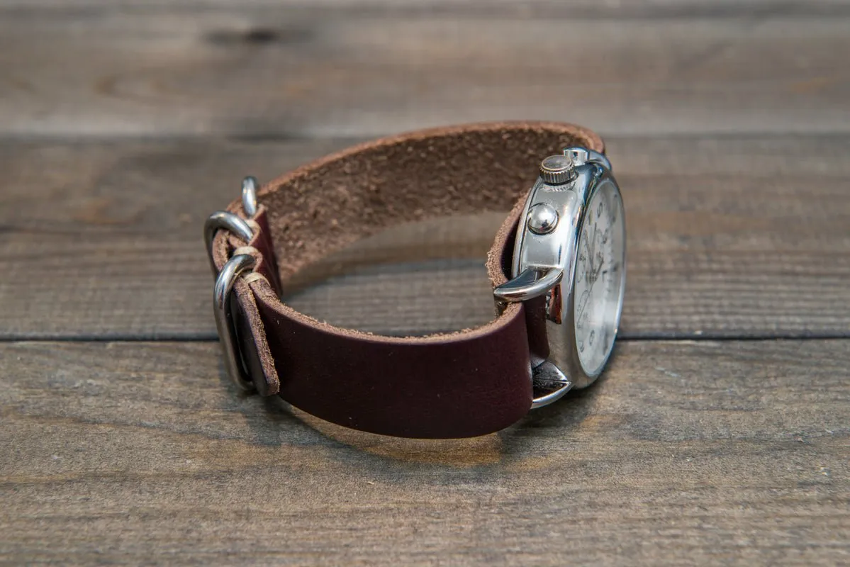 One-piece watch band, Horween Burgundy/ Chromexcel no 8. leather watch strap