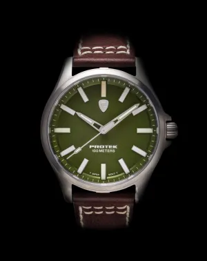 ProTek Field Series 3000 Tactical Watch | Green Dial, Dark Brown Leather Band