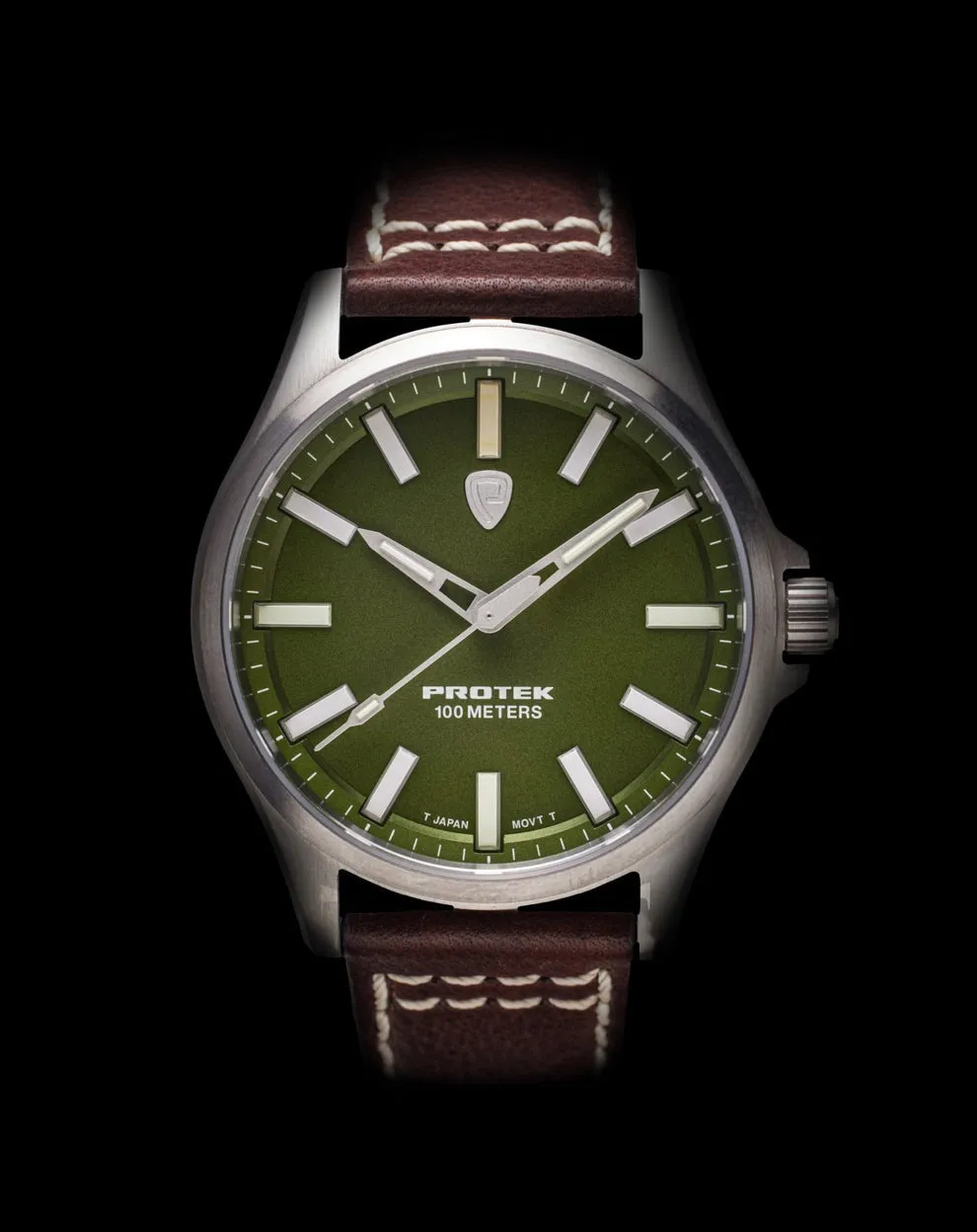 ProTek Field Series 3000 Tactical Watch | Green Dial, Dark Brown Leather Band