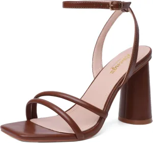 RIBONGZ Block Heels Prom Heeled Sandals for Women Chunky Square Open Toe Strappy High Heels Ankle Strap Wedding Bridal Shoes High Heel Sandals for Party Dress
