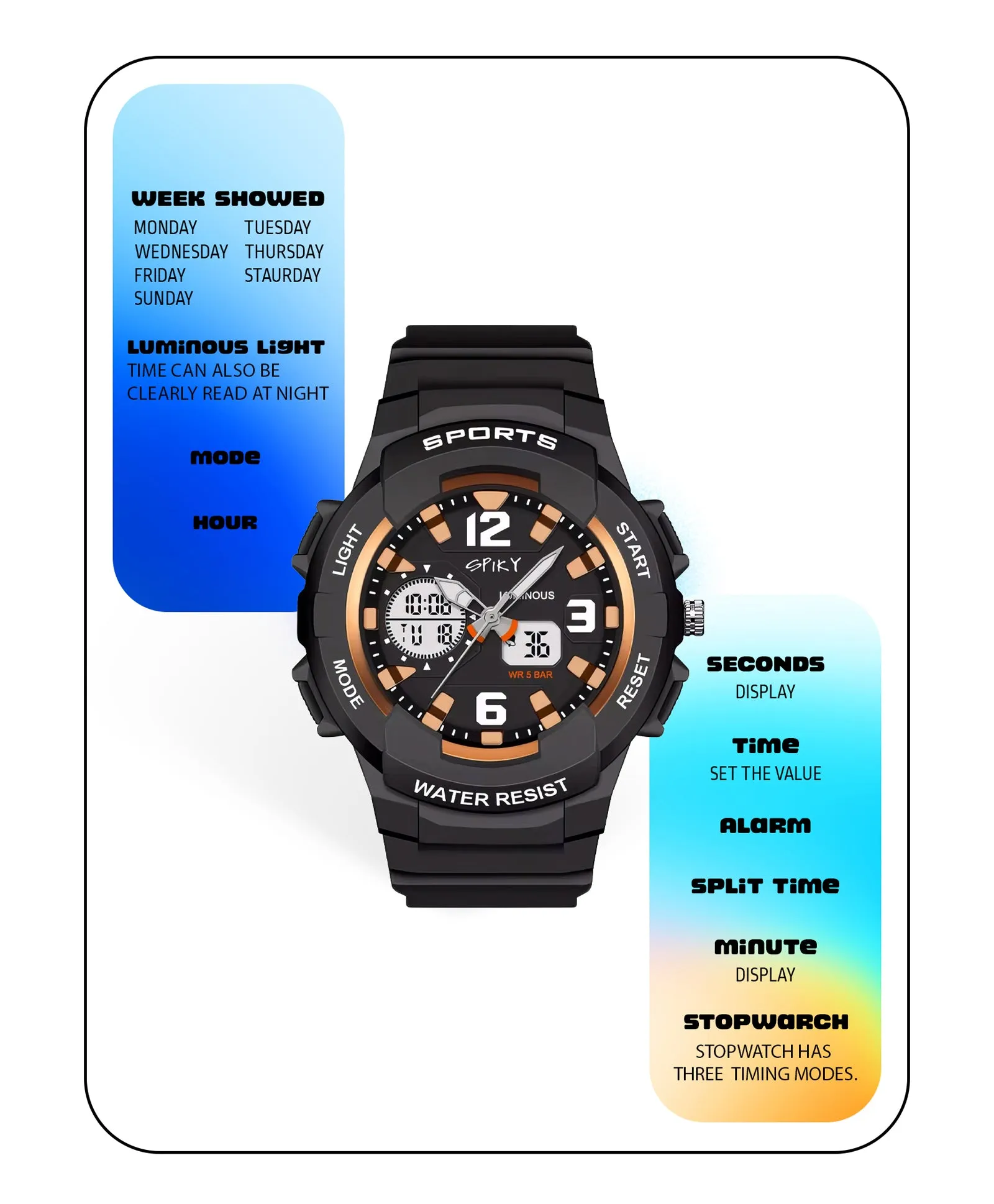 Spiky Analog & Digital Sporty Watch - Pink
