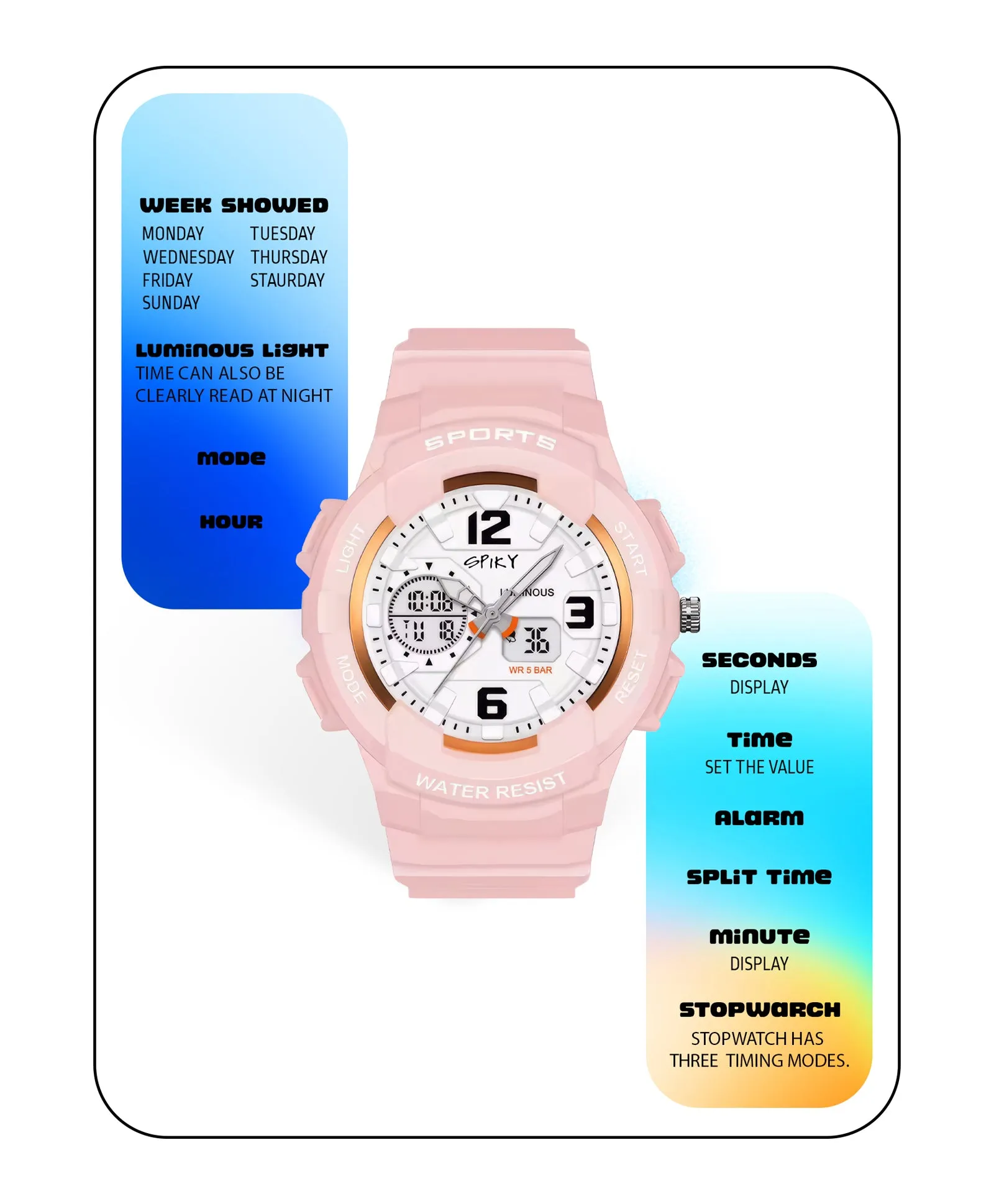 Spiky Analog & Digital Sporty Watch - Pink