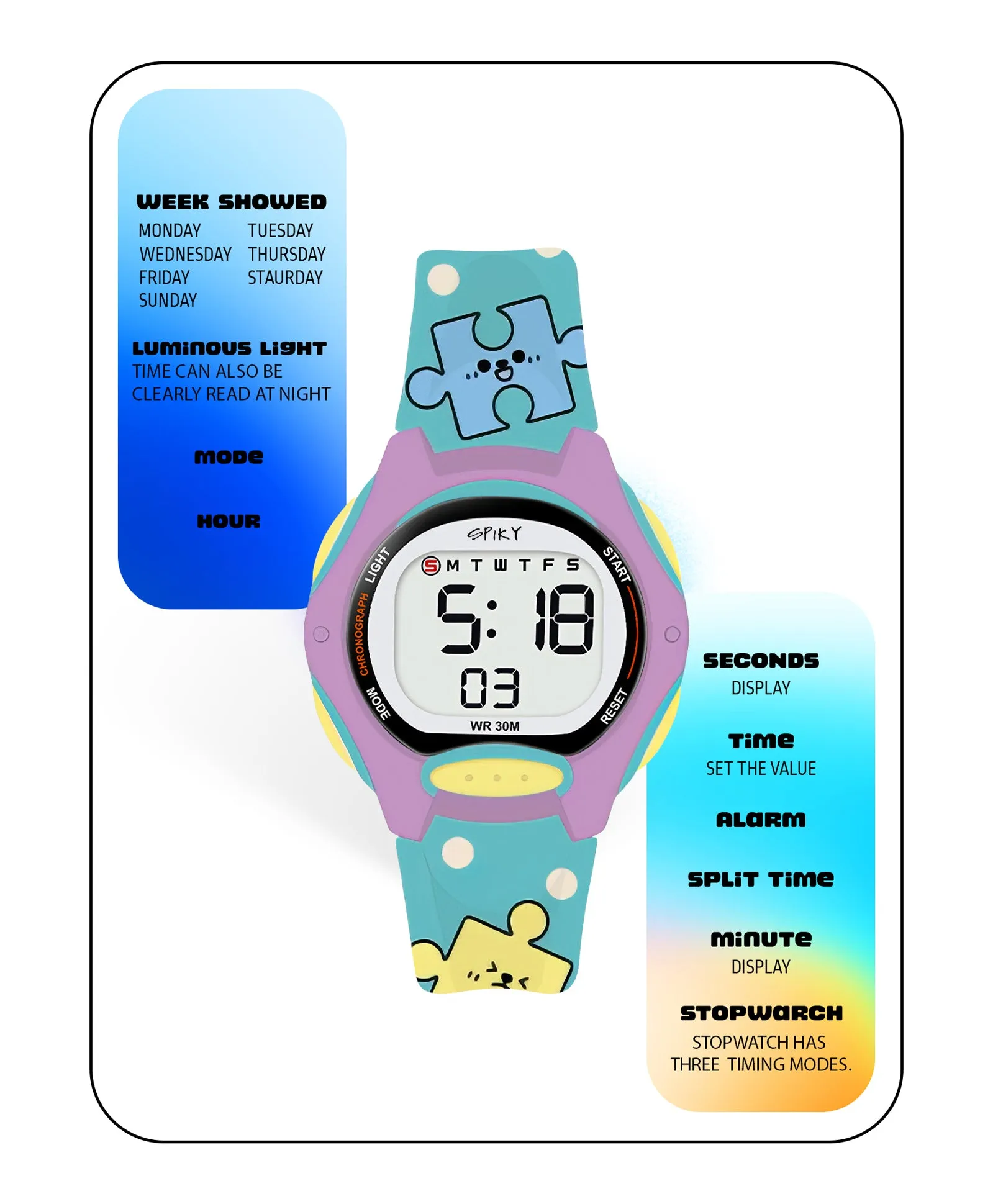 Spiky Eva18 Printed Strap Round Sports Digital Watch - Purple