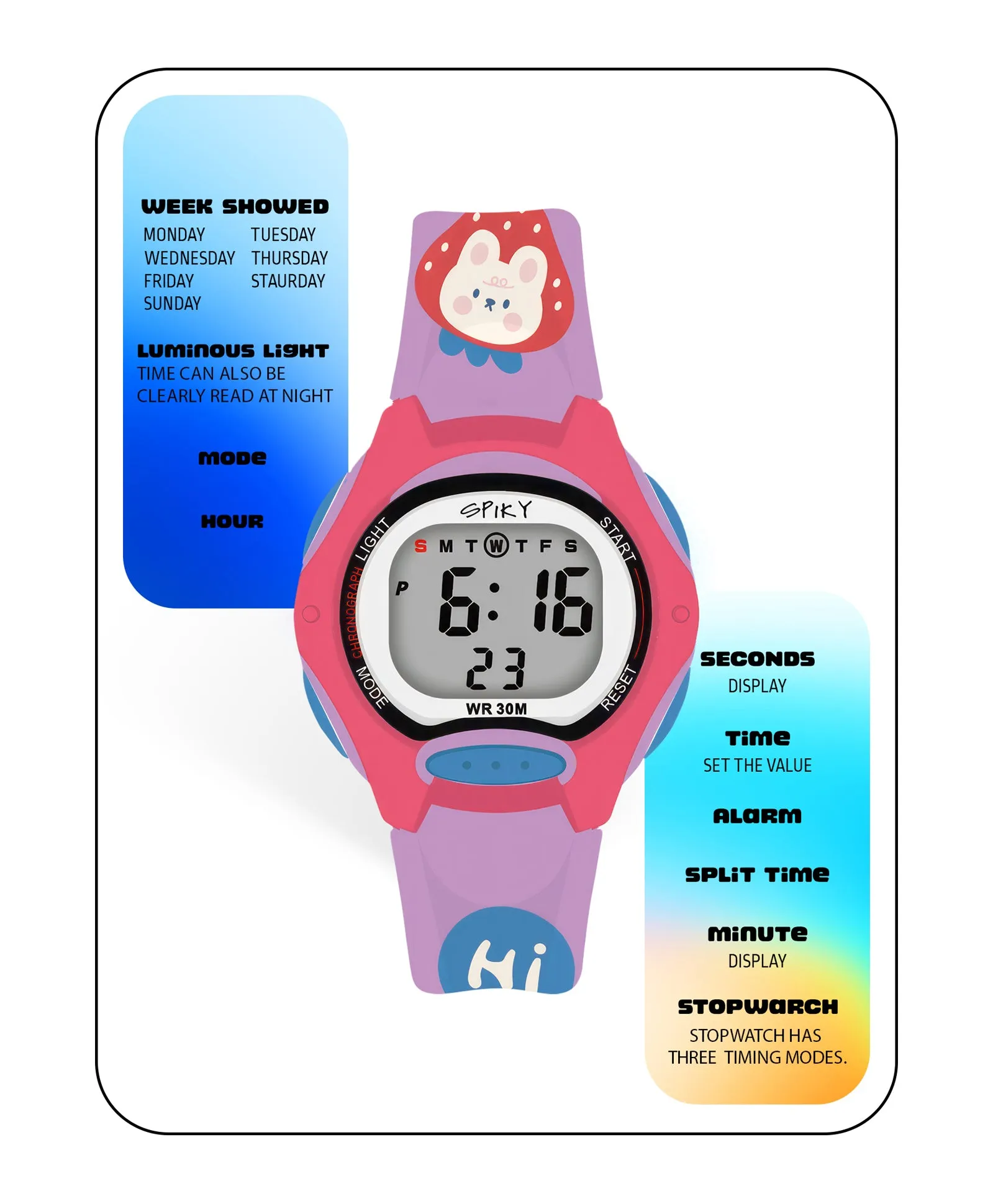 Spiky Eva18 Printed Strap Round Sports Digital Watch - Purple
