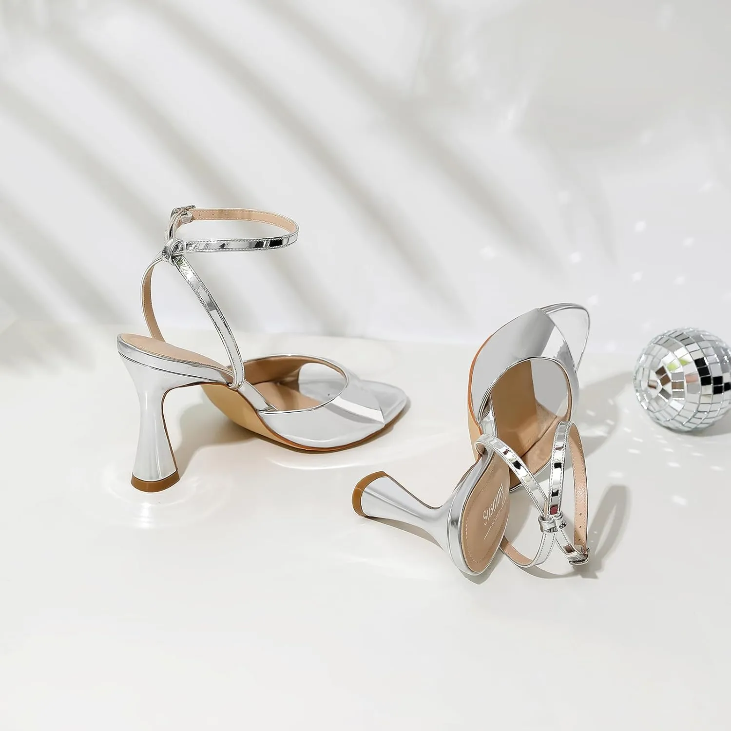 Susanny High Heels for Women Pointed Open Toe Strappy Chunky Block Heels Ankle Strap Stiletto Kitten Heeled Sandals Wedding Bridal Party Prom Sexy Dress Shoes