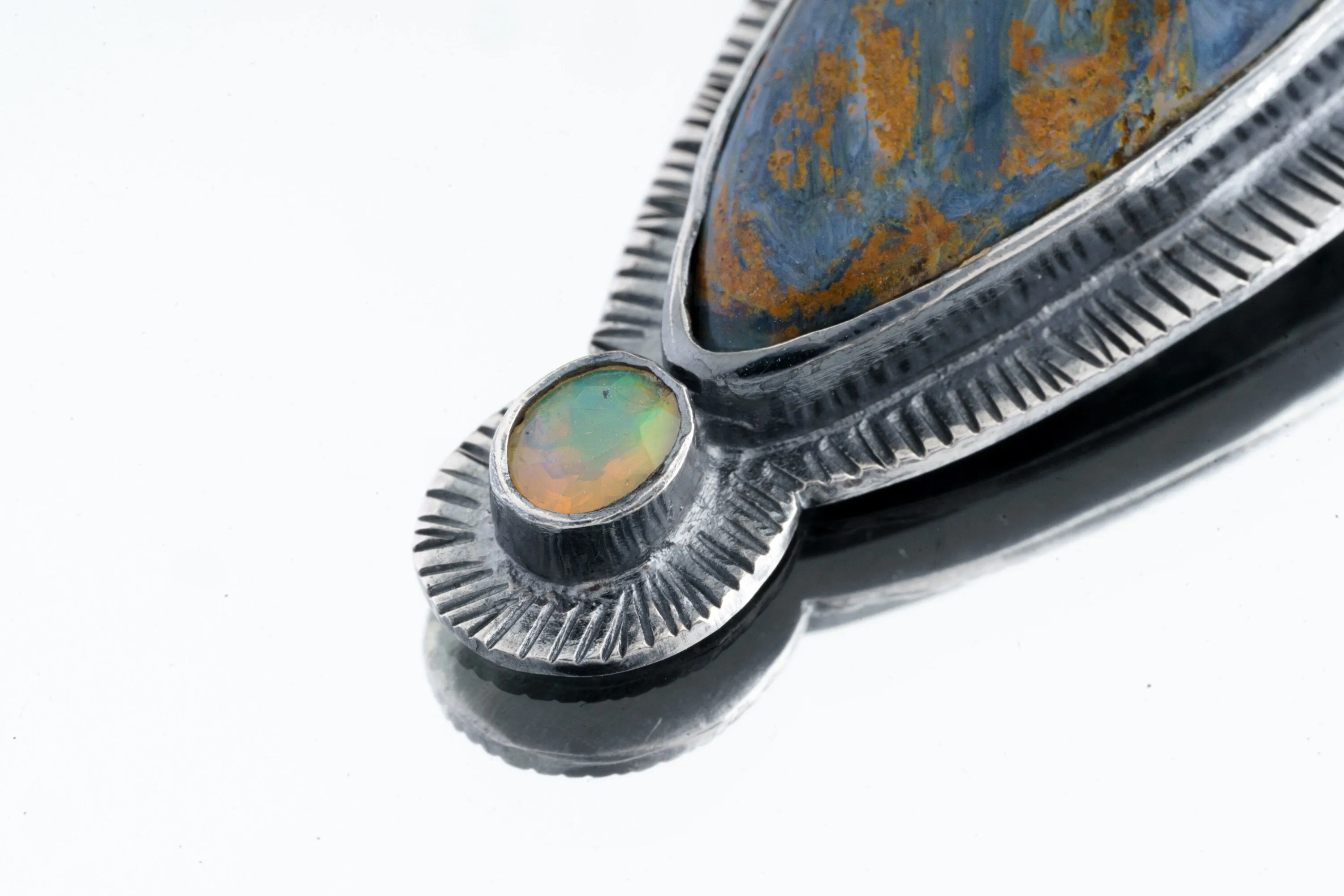 Tempest Horizon - A Stunning Fusion of Pietersite's and Ethiopian Opal Pendant - Oxidised Sterling Silver with Sun Ray Details