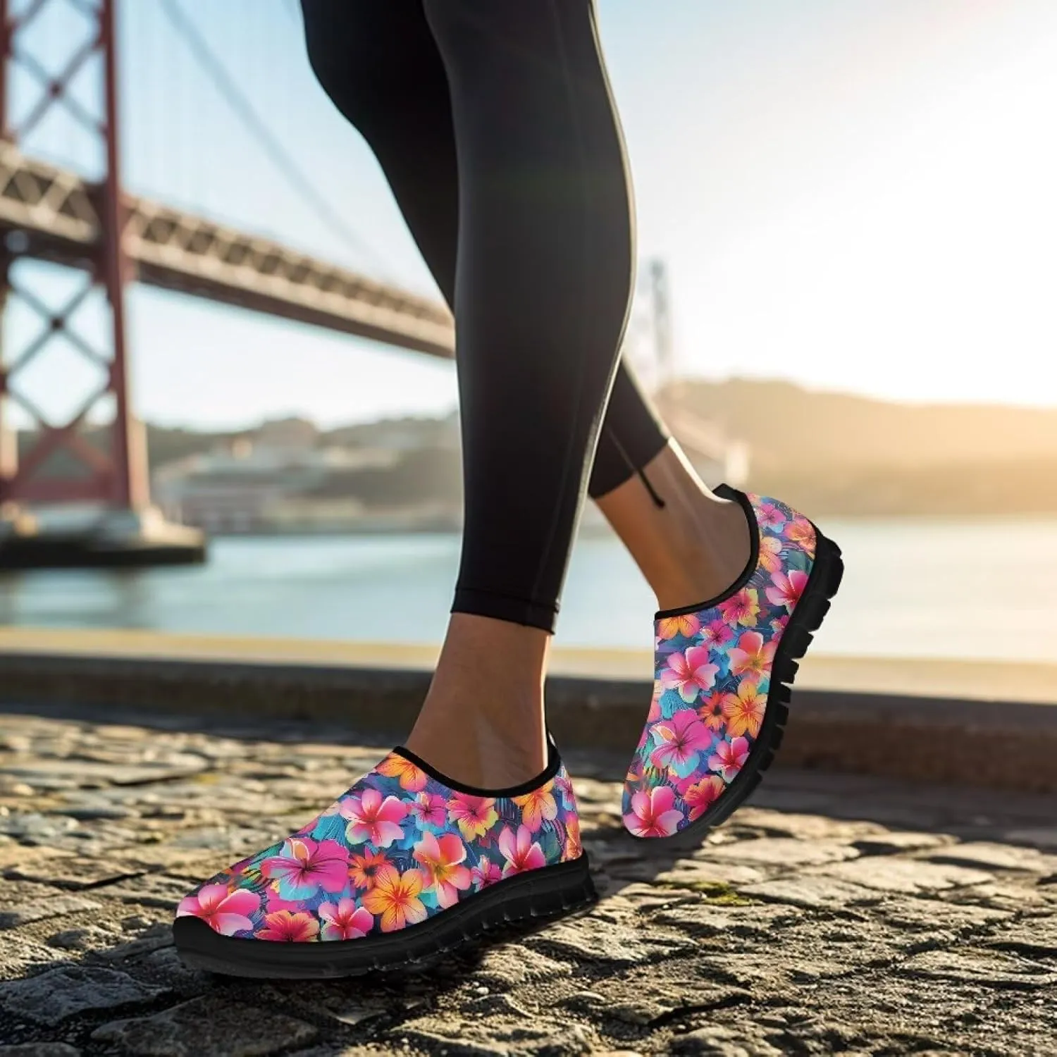 Women's Floral Print Sneaker Casual Cozy Low Top Running Shoes Lightweight Slip On Anti-Skid Workout Walking Sneaker for Teen Girls US 5.5-11.5