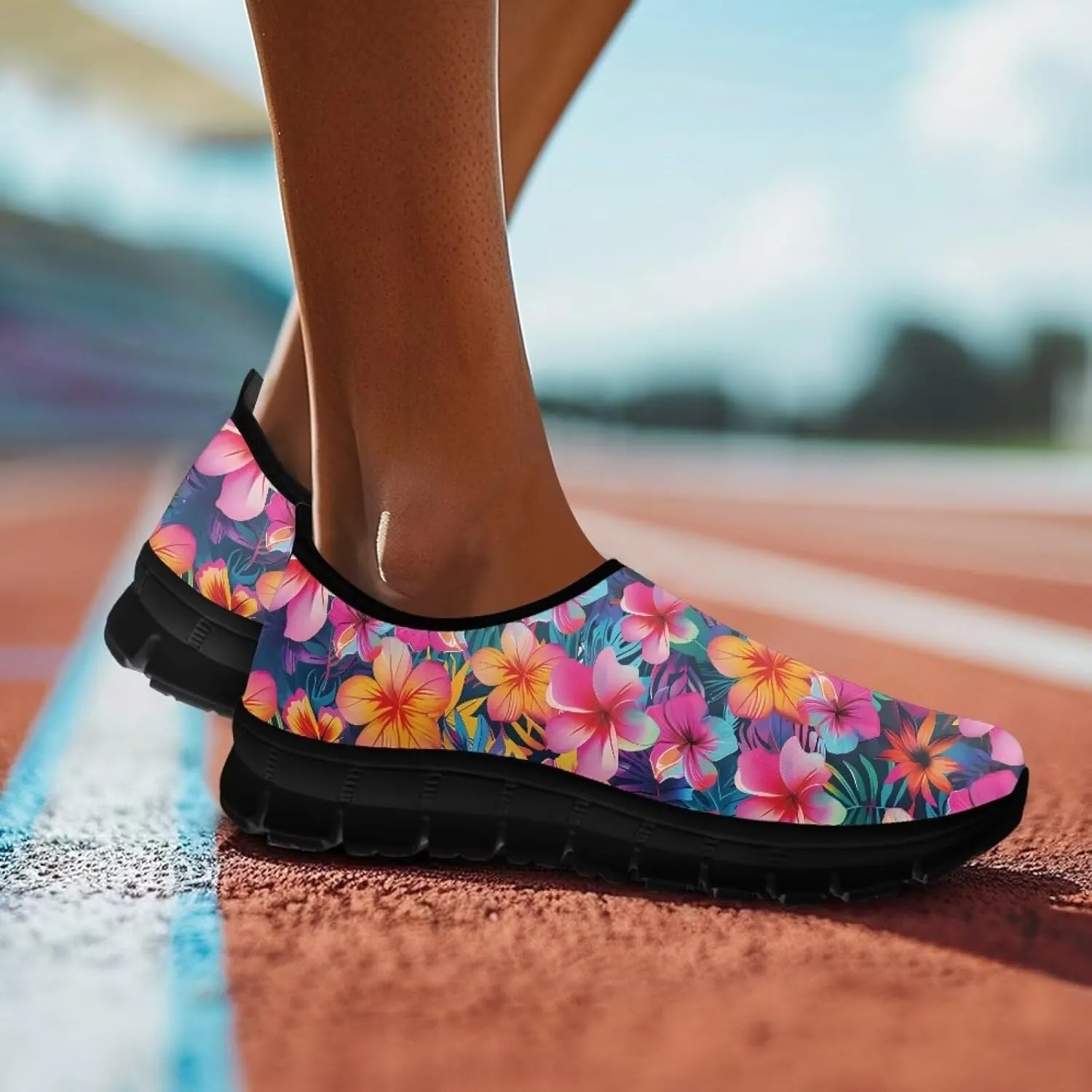 Women's Floral Print Sneaker Casual Cozy Low Top Running Shoes Lightweight Slip On Anti-Skid Workout Walking Sneaker for Teen Girls US 5.5-11.5