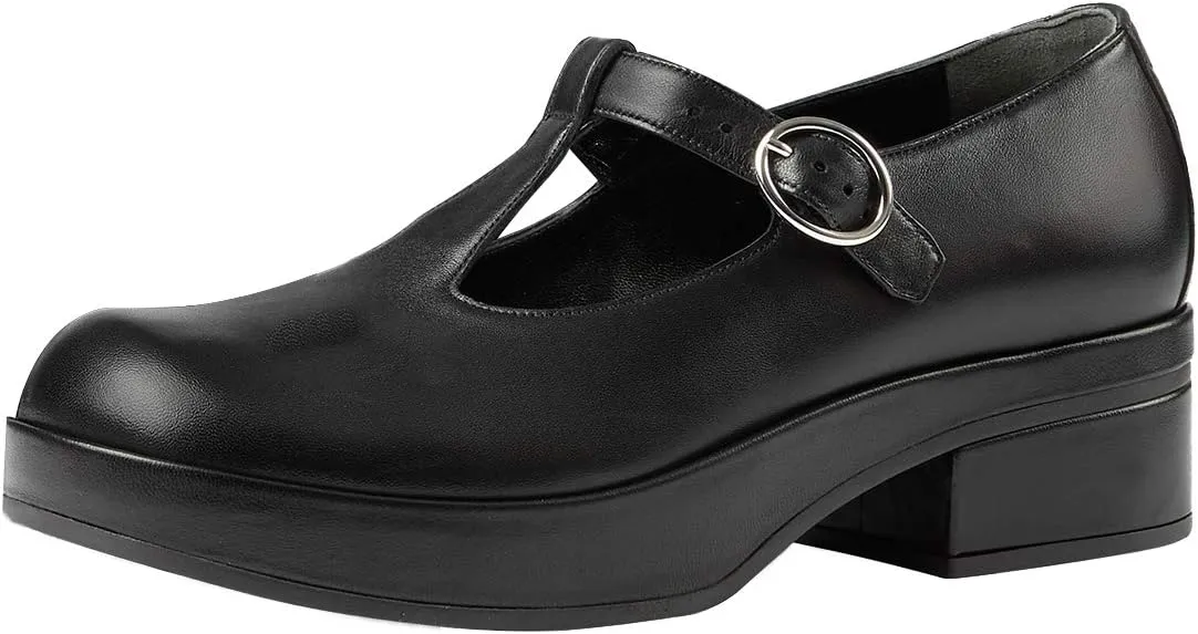 YDN Women Vintage T-Strap Pumps Platforms Loafers Round Closed Toe Low Block Heel Mary Jane Leather Straps Adjustable Buckle Ladies Girls Office Walking Dress Shoes