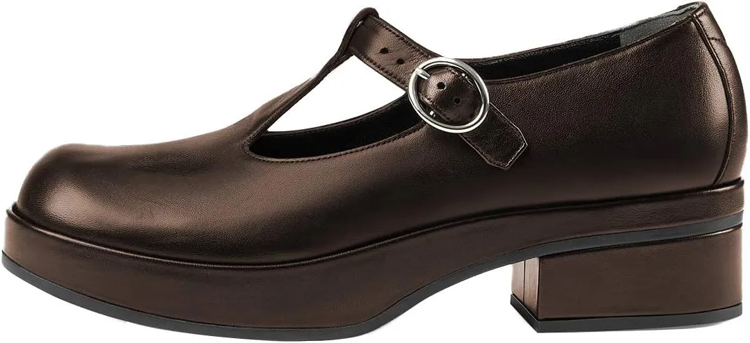 YDN Women Vintage T-Strap Pumps Platforms Loafers Round Closed Toe Low Block Heel Mary Jane Leather Straps Adjustable Buckle Ladies Girls Office Walking Dress Shoes