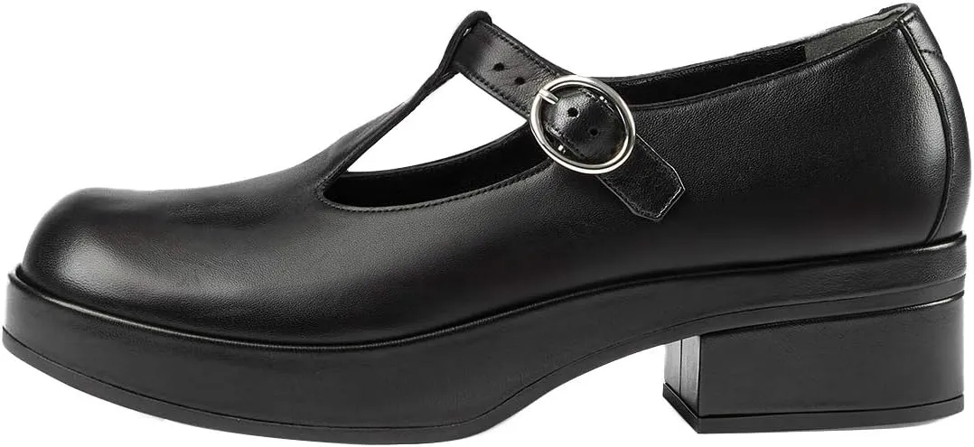 YDN Women Vintage T-Strap Pumps Platforms Loafers Round Closed Toe Low Block Heel Mary Jane Leather Straps Adjustable Buckle Ladies Girls Office Walking Dress Shoes