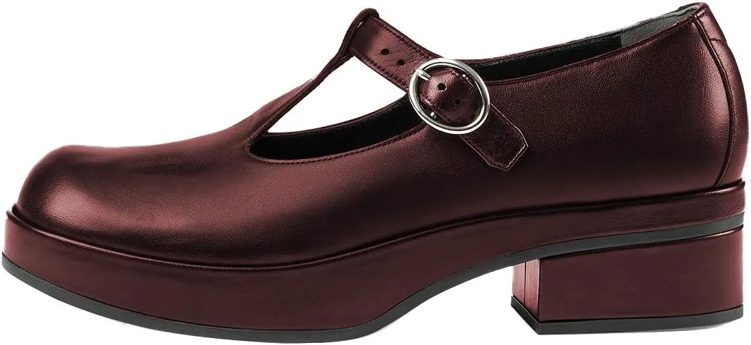 YDN Women Vintage T-Strap Pumps Platforms Loafers Round Closed Toe Low Block Heel Mary Jane Leather Straps Adjustable Buckle Ladies Girls Office Walking Dress Shoes