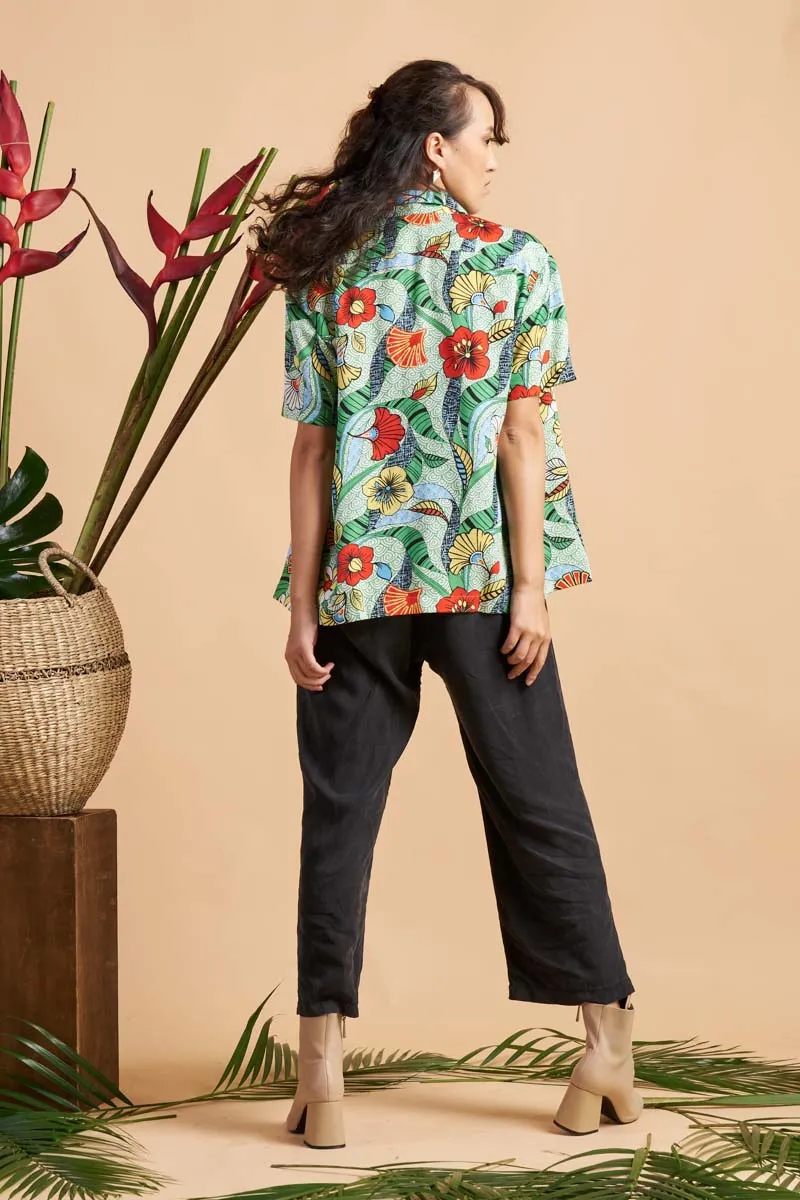 Zika Loose fit Bowling Collar Unisex Shirt - Green ASA HANA OA OG - TENCEL Lyocell